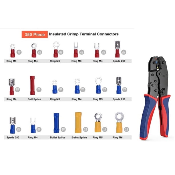 Juego de alicates para terminales de cable, alicates para terminales de cable, alicates para crimpar, juego de terminales de cable con 350 piezas, conectores eléctricos, conectores de crimpado,