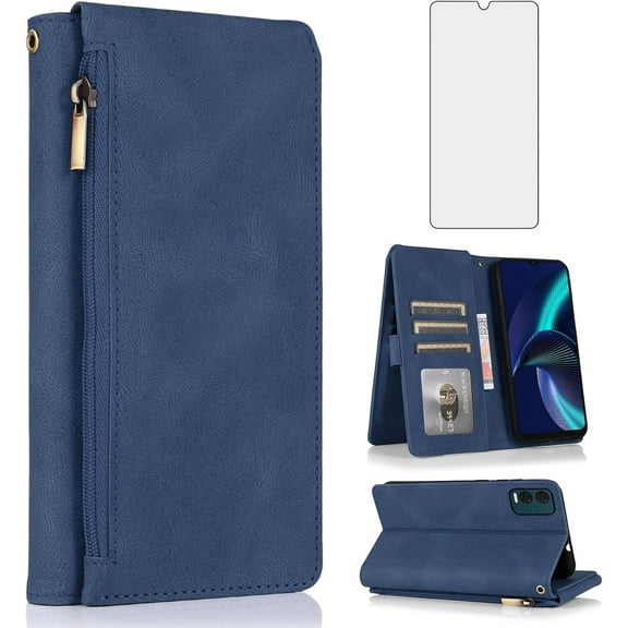 Asuwish Phone Case for Tracfone BLU View Speed 5G Wallet Mobile Accessories Cell Cover with Tempered Glass Screen Protector Flip Zipper Stand Card Holder Slot BLUE ViewSpeed B1550VL Women Men Blue
