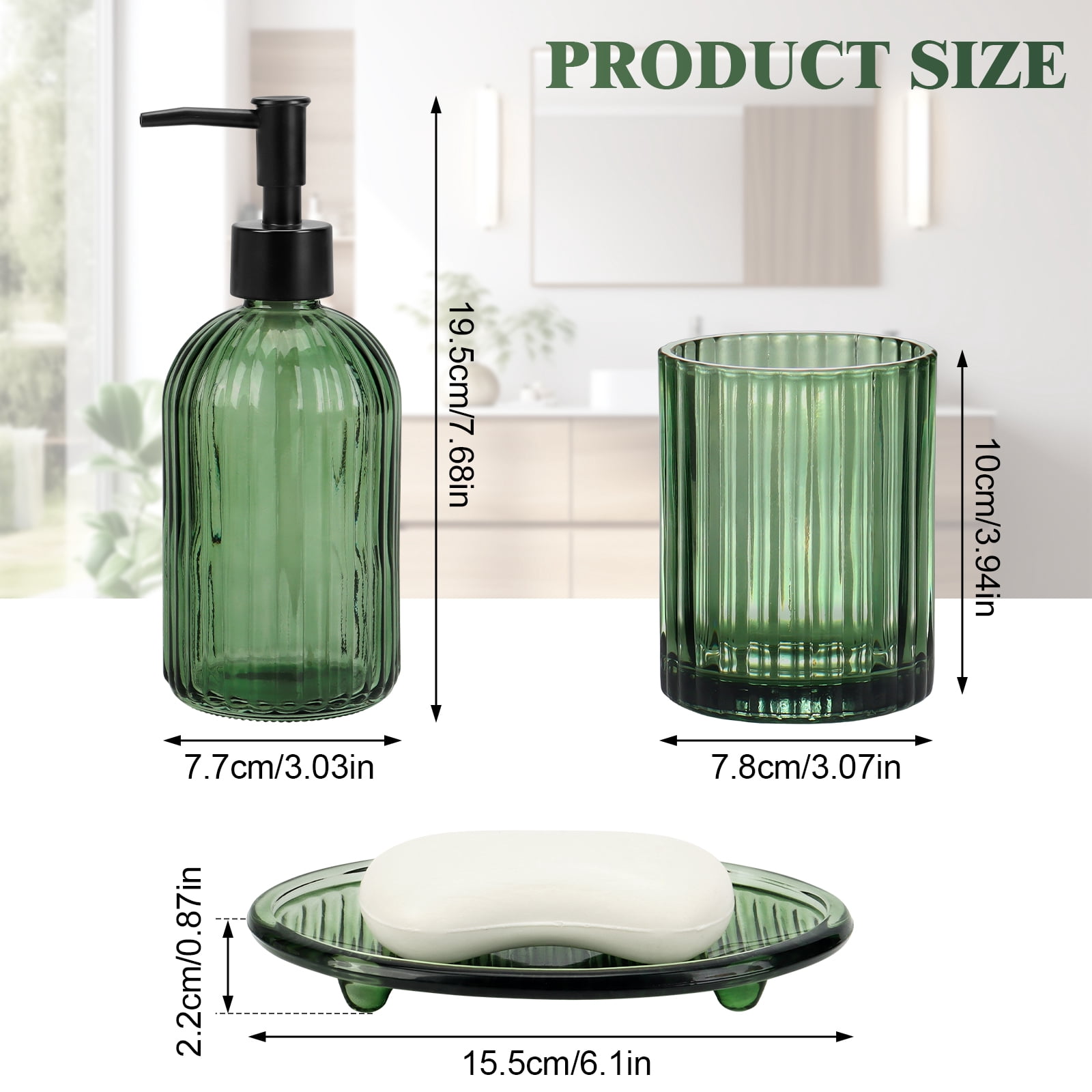 Bathroom Accessories Set, 4Pcs Kitchen Glass Soap Dispenser Set ,with Soap Dispenser , Soap Dish, Tumbler, for Bathroom Vanity Decor,Green