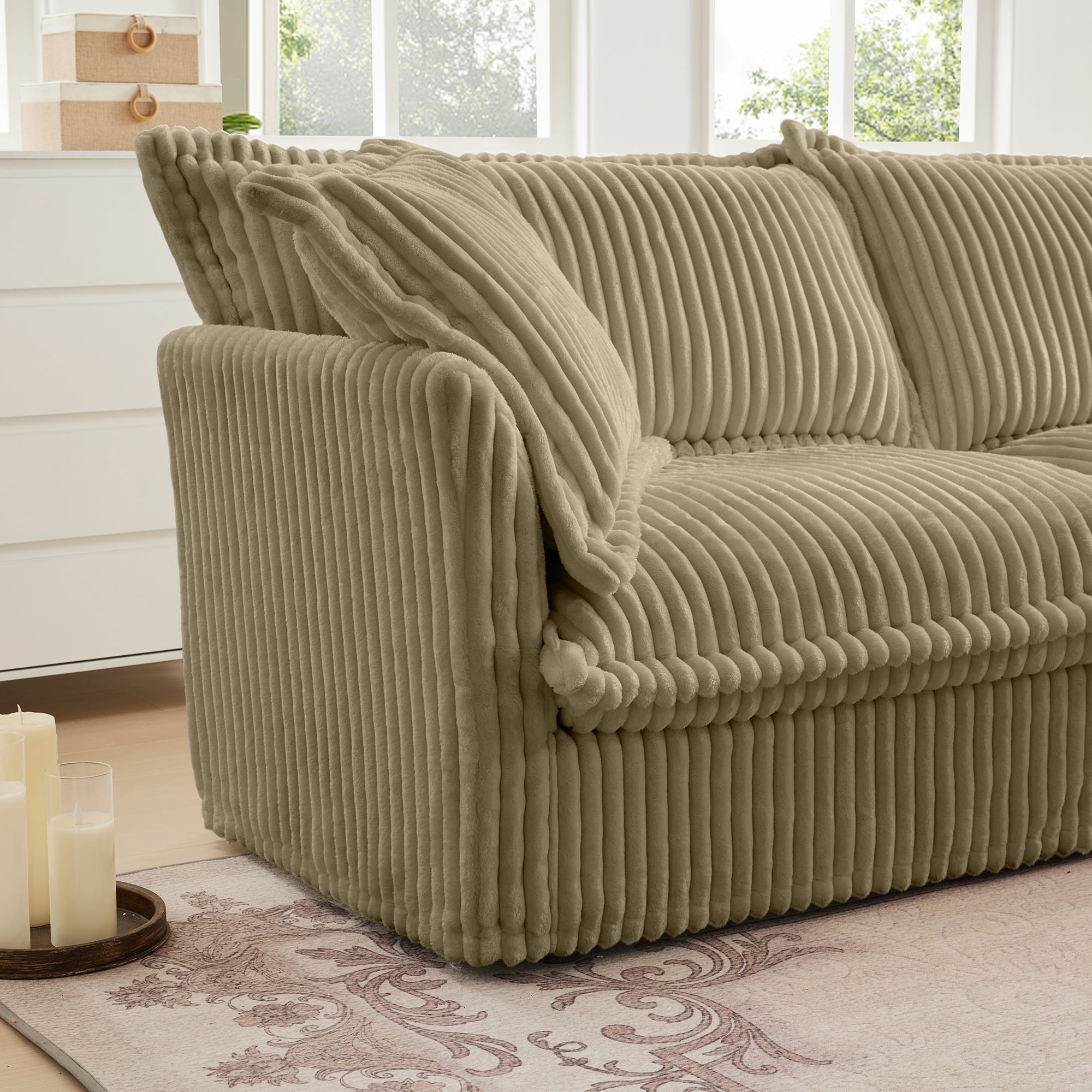 Gewnee Deep Seat Modern 3 Seater Sectional Sofa Couch With 2 Ottomans,U Shape Cream Corduroy Fabric Comfy Couch for Living Room