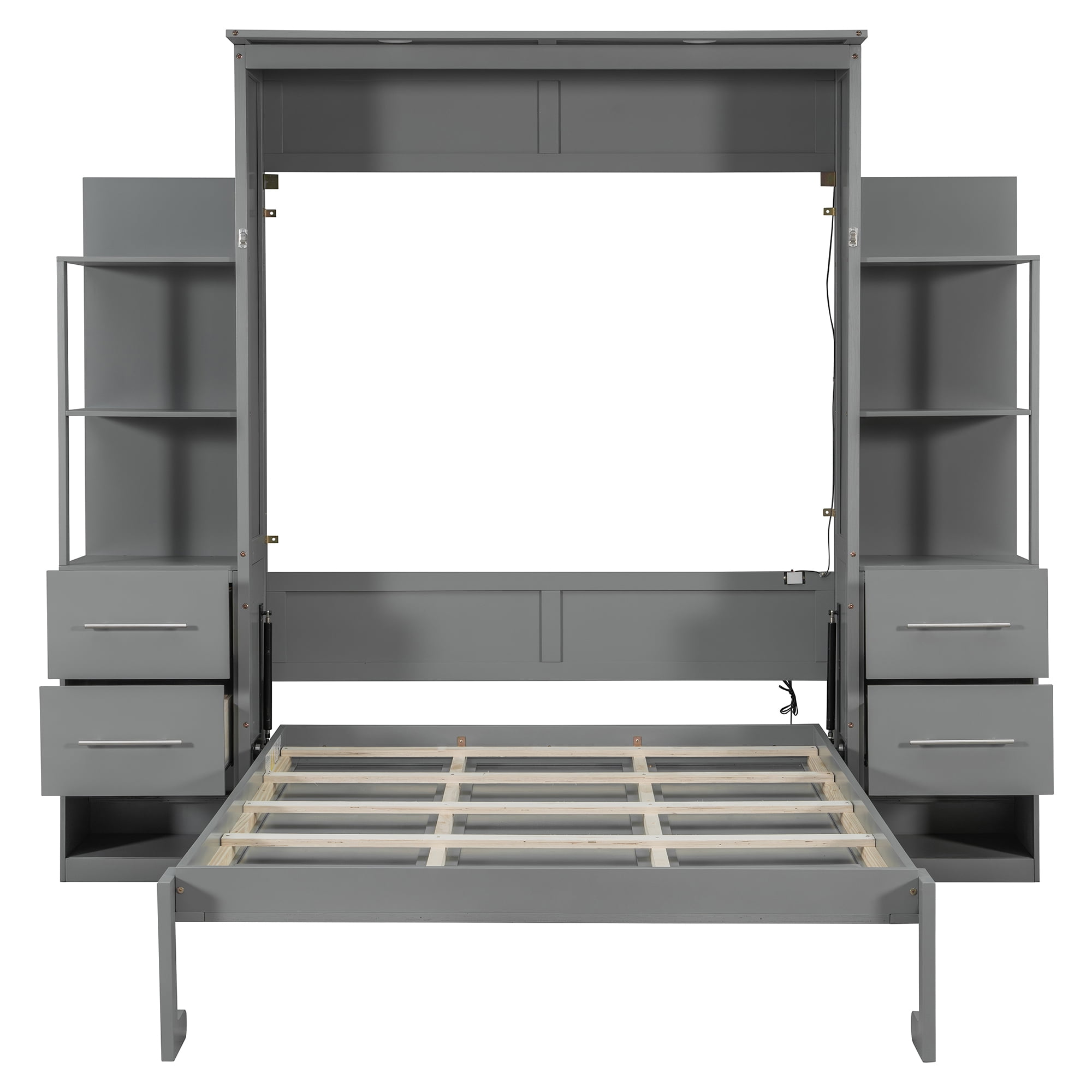 Full Size Murphy Bed with Shelves, 4 Drawers and LED Lights for Space-Saving Guest Room