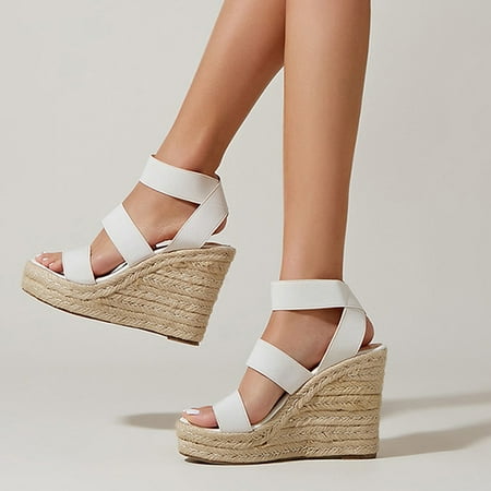 KBODIU Women s Wedge Heels  Women Wide Width Heels Sandals Casual Peep Toe Wedges Super High Heels Fashion Elastic Lace-up Sandals Wedding Heels Prom Heels Dress Shoes White 41