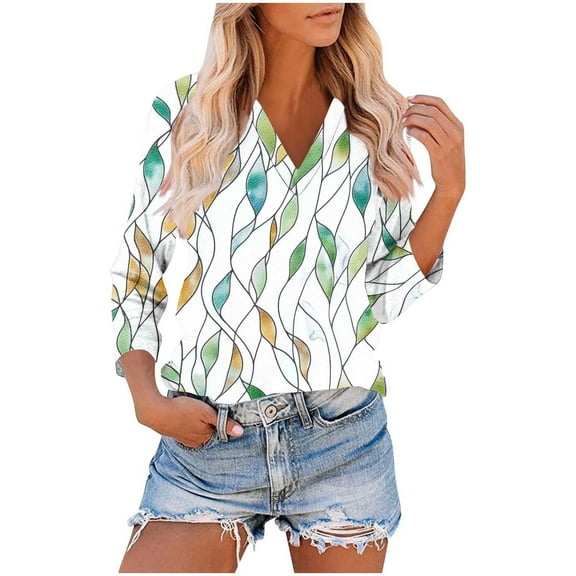 IchuanyiWomen's 2025 Fashion Tops 3/4 Length Sleeve Business Casual Print Blouses Summer Tees Shirts