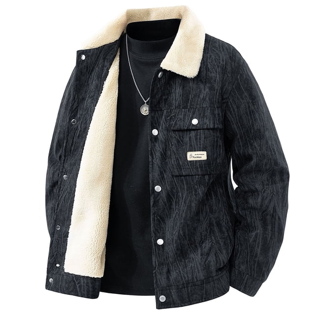 Men's Turn Down Collar Workwear Snap Button Pocket Thickened Coat, Long Sleeve Casual Jacket for Daily Outdoor Use, Polyester Material, Hand Wash Cold, Sizes M to 5XL