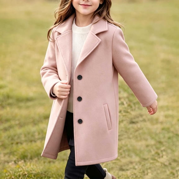 FSYBOA Girls Wool Bland Coats Size 10-12, Mid Length Warm Single Breasted Long Sleeve Winter Outerwear Pink