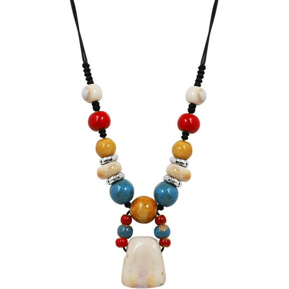 Boho Hippie Colorful Chunky Ceramic Beads Strand Necklace, Bohemian Jewelry Gift for Women