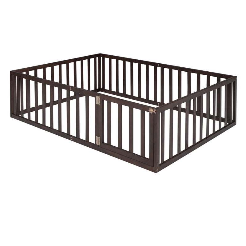 Full Size Floor Bed Platform Bed with Fence and Door, Wooden Montessori Bed Toddler Bed Kids Playhouse Bed with Guardrails for Boys Girls, No Slats