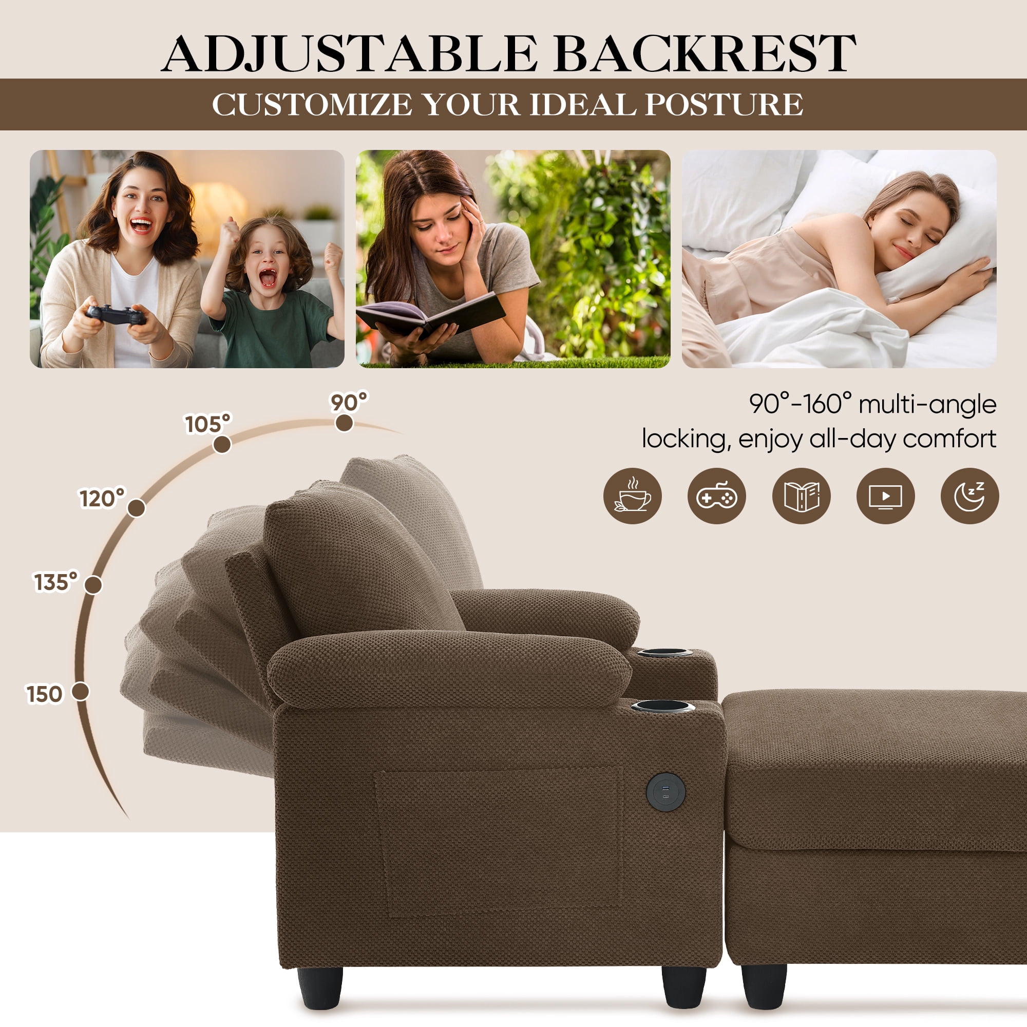 Lunale Accent Chair with Storage Ottoman & Adjustable Backrest, Chaise Lounge Chair Indoor with USB, Living Room Reading Armchair, Coffee