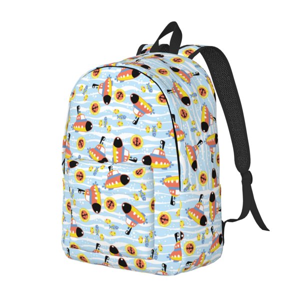 Disketp Submarine With Fishes Undersea print Canvas Backpack Lightweight Travel Daypack Student Rucksack Laptop Backpack-Medium
