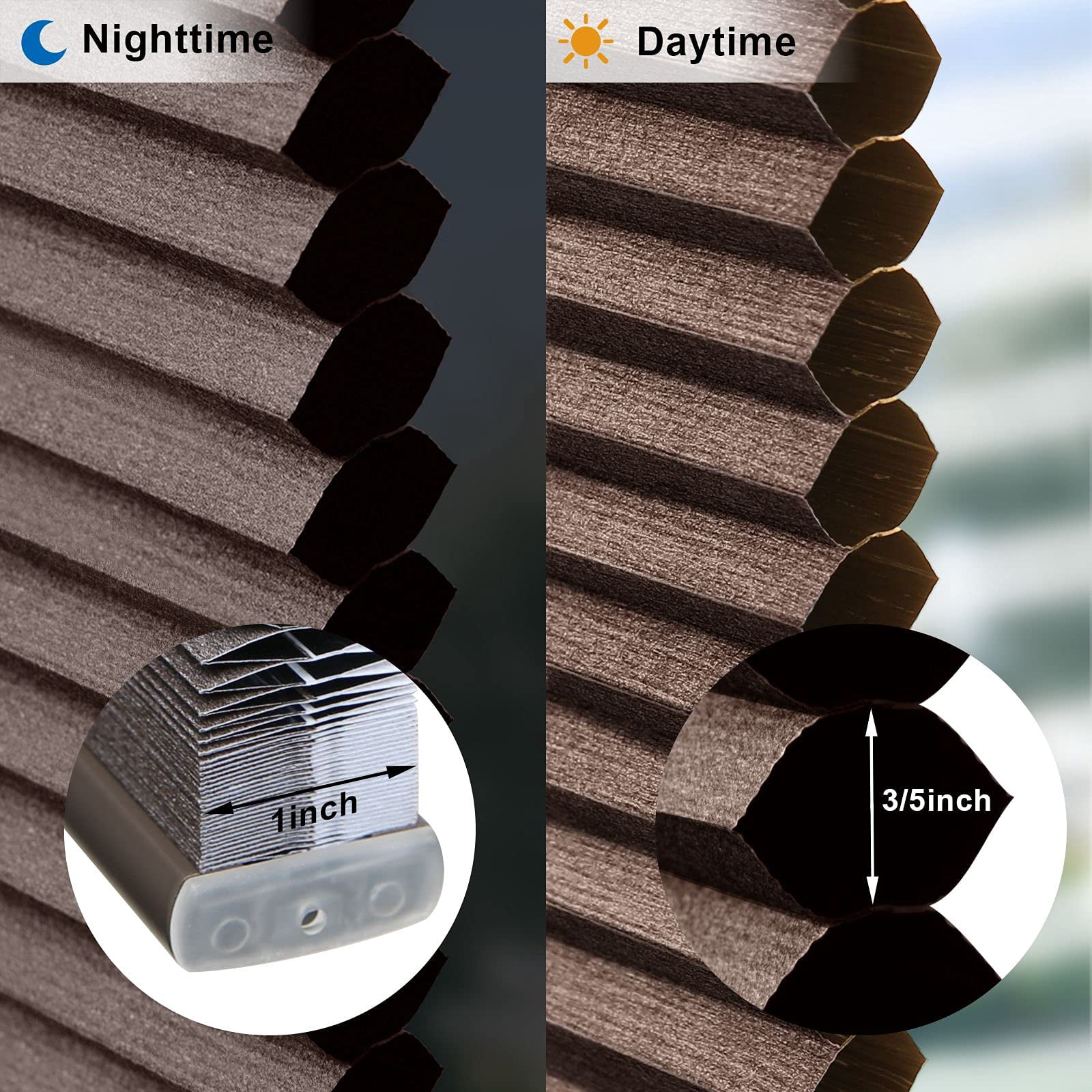 LazBlinds Cordless Cellular Shades, No Tools No Drill Blackout Honeycomb Shades Pleated Blinds for Windows, 26" W x 64" H, Dark Coffee