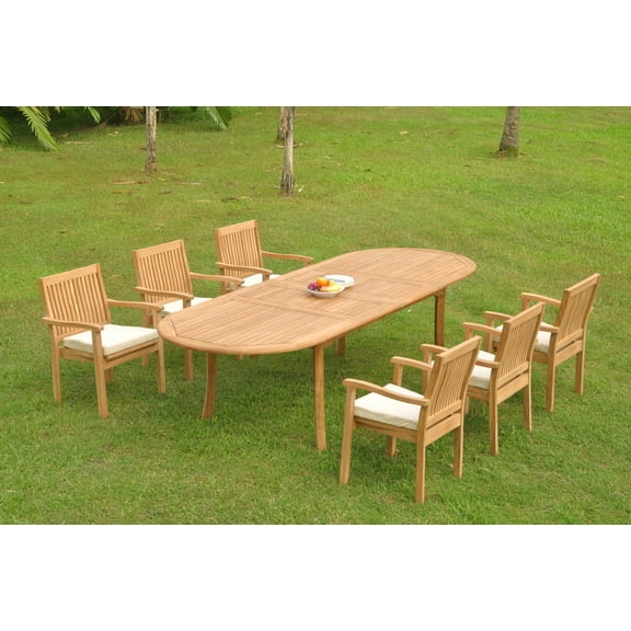 Grade-A Teak Dining Set: 6 Seater 7 Pc: 118" Double Extension Oval Table And 6 Leveb Stacking Arm Chairs Outdoor Patio WholesaleTeak #WMDSWVm