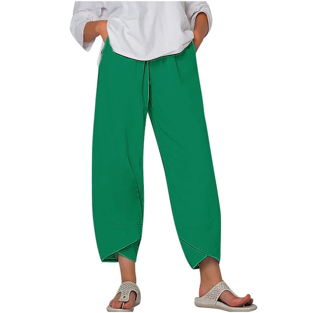 Timegard Plus Size Pants for Women Elastic Waist Solid Color Comfy Fall Casual Crop Pants with Pockets