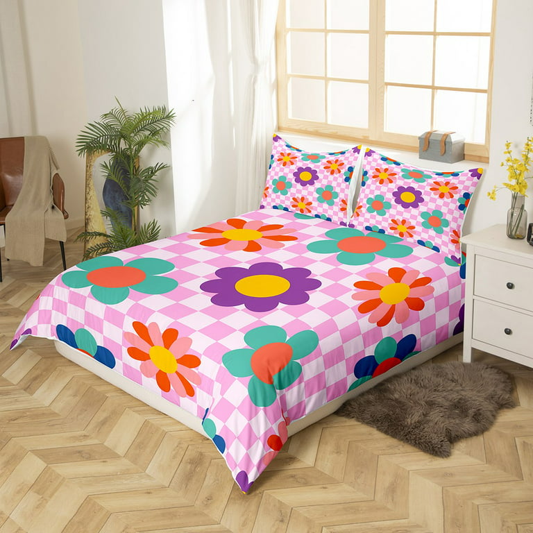 Groovy Flower Comforter Cover Queen for Kids,Retro Kawaii Florals