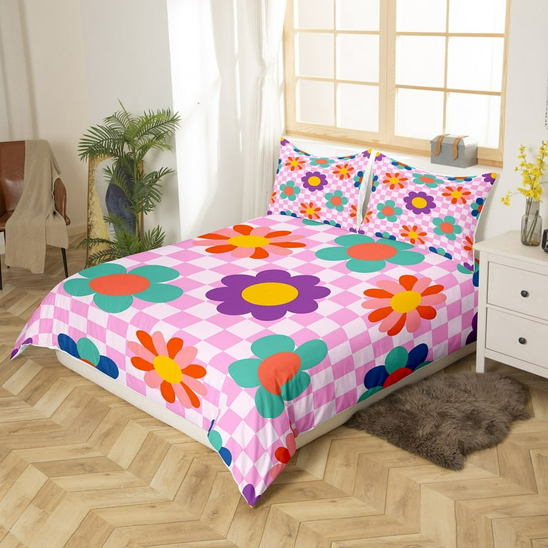 Groovy Flower Comforter Cover Queen for Kids,Retro Kawaii Florals Bedding  Set Y2K Room Decor for Teens Girls,Hippie Aesthetic Funny Blossom Duvet  Cover Pink Buffalo Plaid Quilt Cover 3 Pieces 