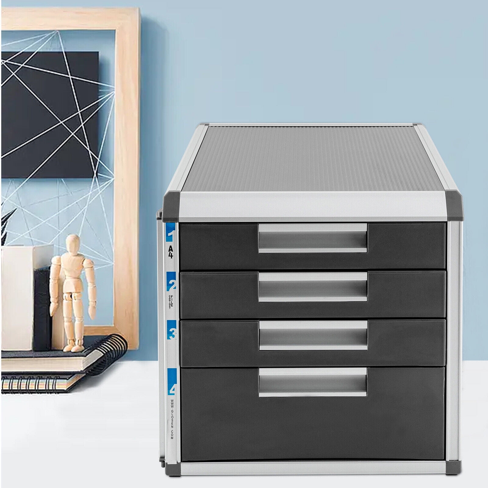 4 Layers Desktop Drawer Organizer Books File Locking Storage Cabinet for Home Office,12.4*13.8* 11.7in