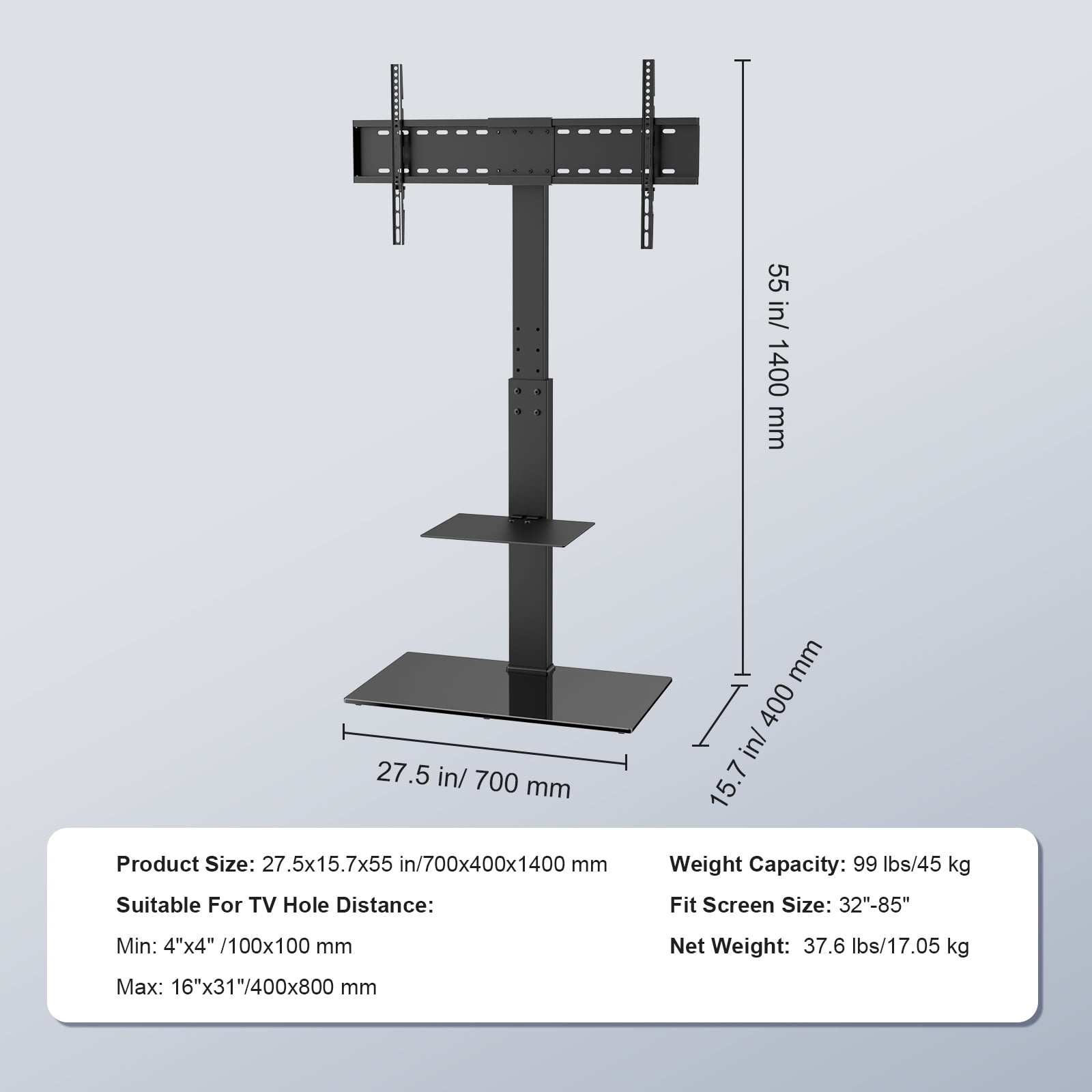 VEVOR Modern Universal Floor TV Stand Mount Swivel Universal TV Stand for 32"-85" TVs Adjustable Height Base Glass