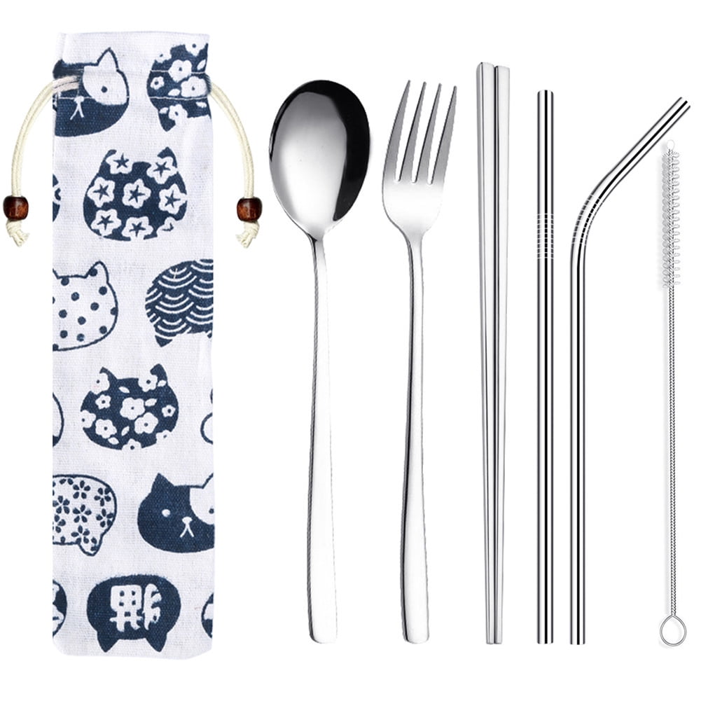 6Pack Stainless Steel Dinnerware Set Straw Brush Spoon Fork Chopsticks With Bag 