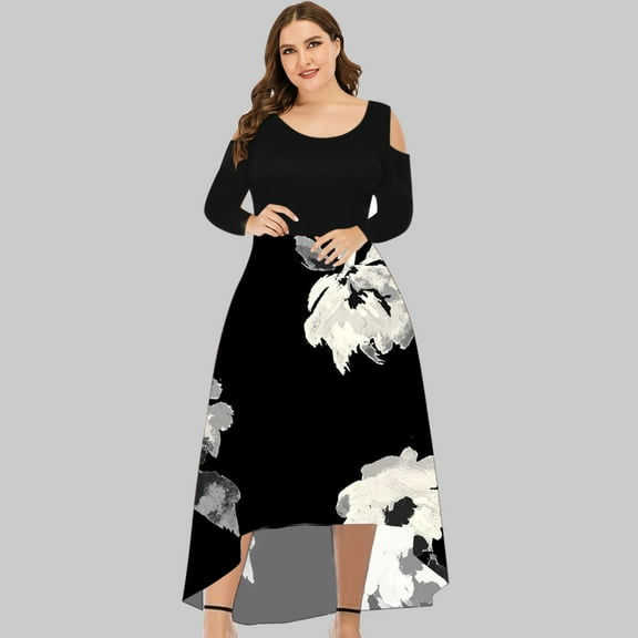Sentmoon Casual Cutout Dress Long Sleeve Crew Neck Holiday Dresses for Women Plus Size Cold Shoulder Floral Print Short Dresses,OverSized Stylish Women Clothing Black XXXL