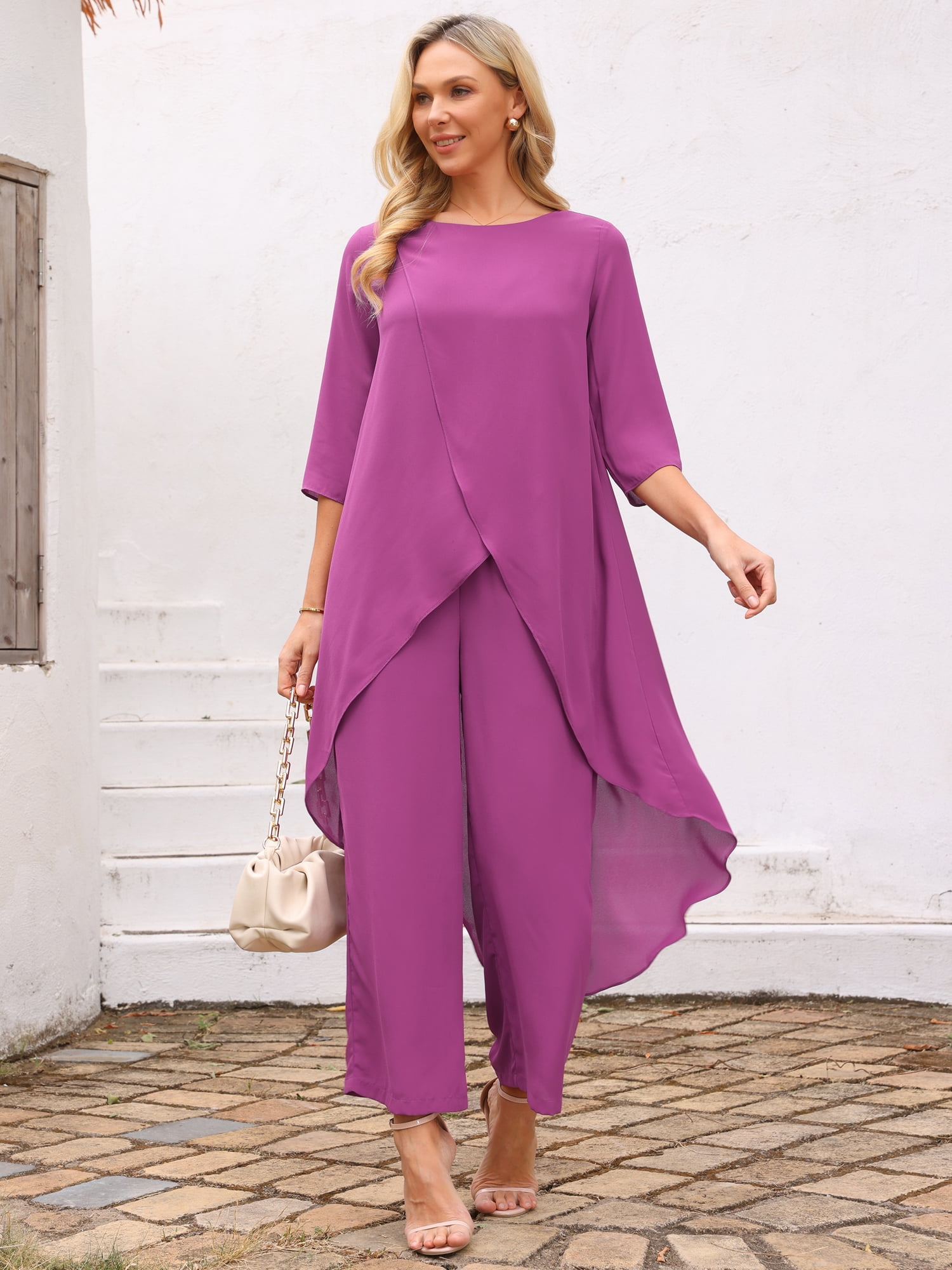 DARING DIVA Women's 2 Piece Chiffon Sets Dressy Pantsuit High Low Top Outfit L Purple