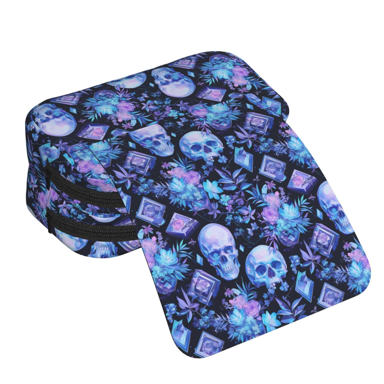 Rateoe Skull blue crystal flower Pattern Double Clamshell Pen Case, Storage Organizer with Two Zipper Compartments– Holds Up to 50 Pencils & Pens