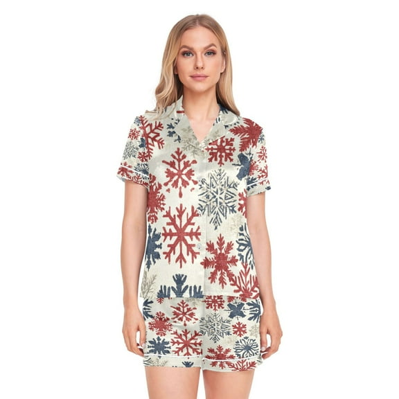 Women Silk Pajama Sets Causal Outings Fashion Red White and Blue Snowflakes Pattern Home