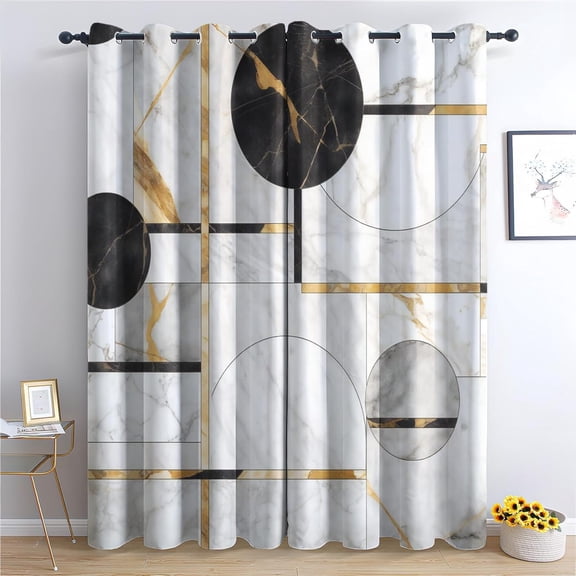Modern Marble Curtains For Living Room, Abstract Geometric Blackout Curtains For Bedroom - Black White And Gold Decor Window Curtains 52"W x 63"L (Pack of 2)