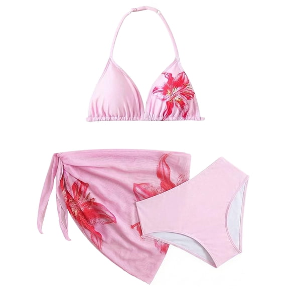 Girlss 3 Piece Bikinis for Teens Swimsuit Halterneck Bathing Suit with Coverup Swimwear Size 11Y