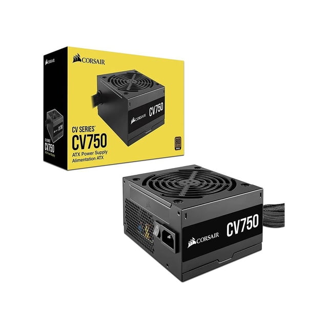 fuente de poder corsair cv750 750w atx 80 plus bronze cp-9020237-na, vista frontal en ángulo junto a la caja; unidad ATX negra con logotipo Corsair y texto CV750 en el lateral, ventilador superior de 120 mm con rejilla, entrada de corriente y rejilla lateral de ventilación, cable principal mallado de 24 pines visible; especificada para 750 W y eficiencia 80 PLUS Bronze.