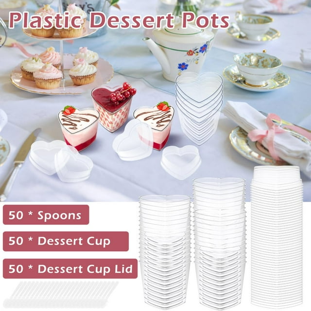 50 Pcs Coupes à Dessert avec Couvercles Cuillères 6oz/180ml Mini Réutilisables pour Dessert Pudding Mousse Yogourt Collations Fête Traiteur