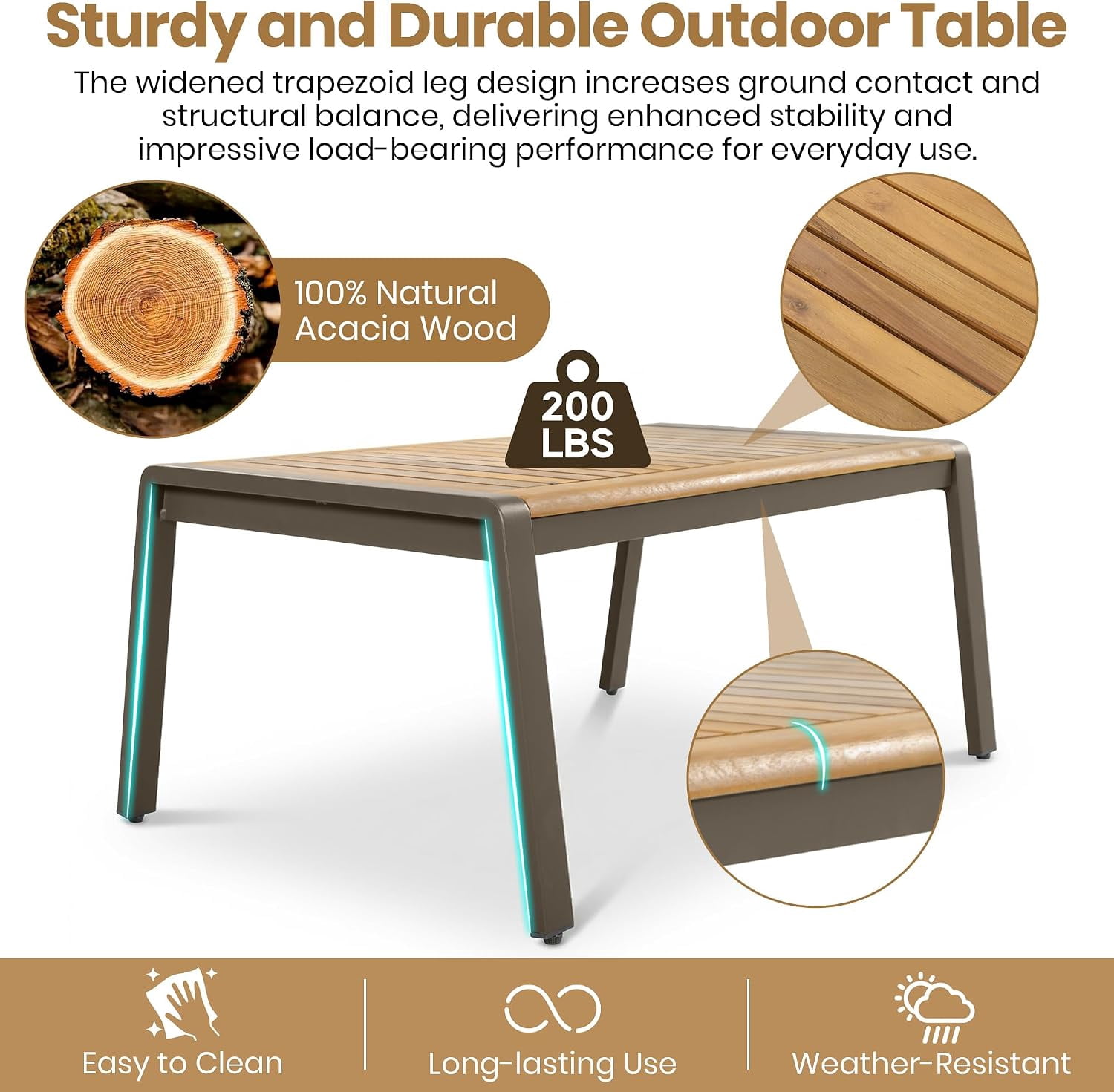 6-Piece Outdoor Patio Seating Set with Ottomans, Steel Frame Sofa & Acacia Wood Coffee Table, Brown Cushions