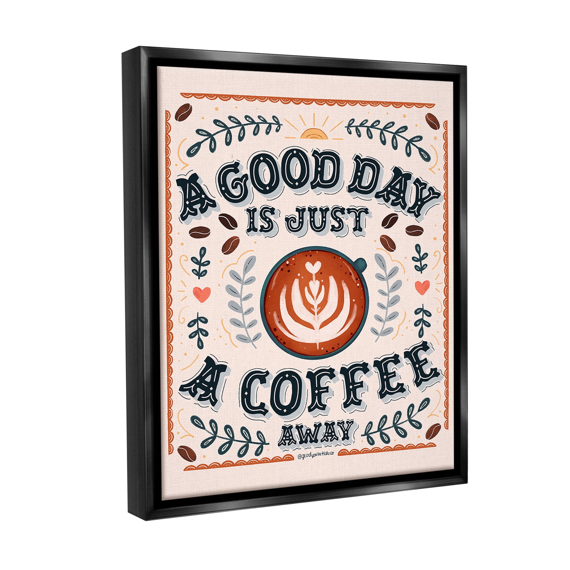 Stupell Industries Good Day A Coffee Away Food & Beverage Painting Black Floater Framed Canvas Art Print Wall Art, 17 x 21