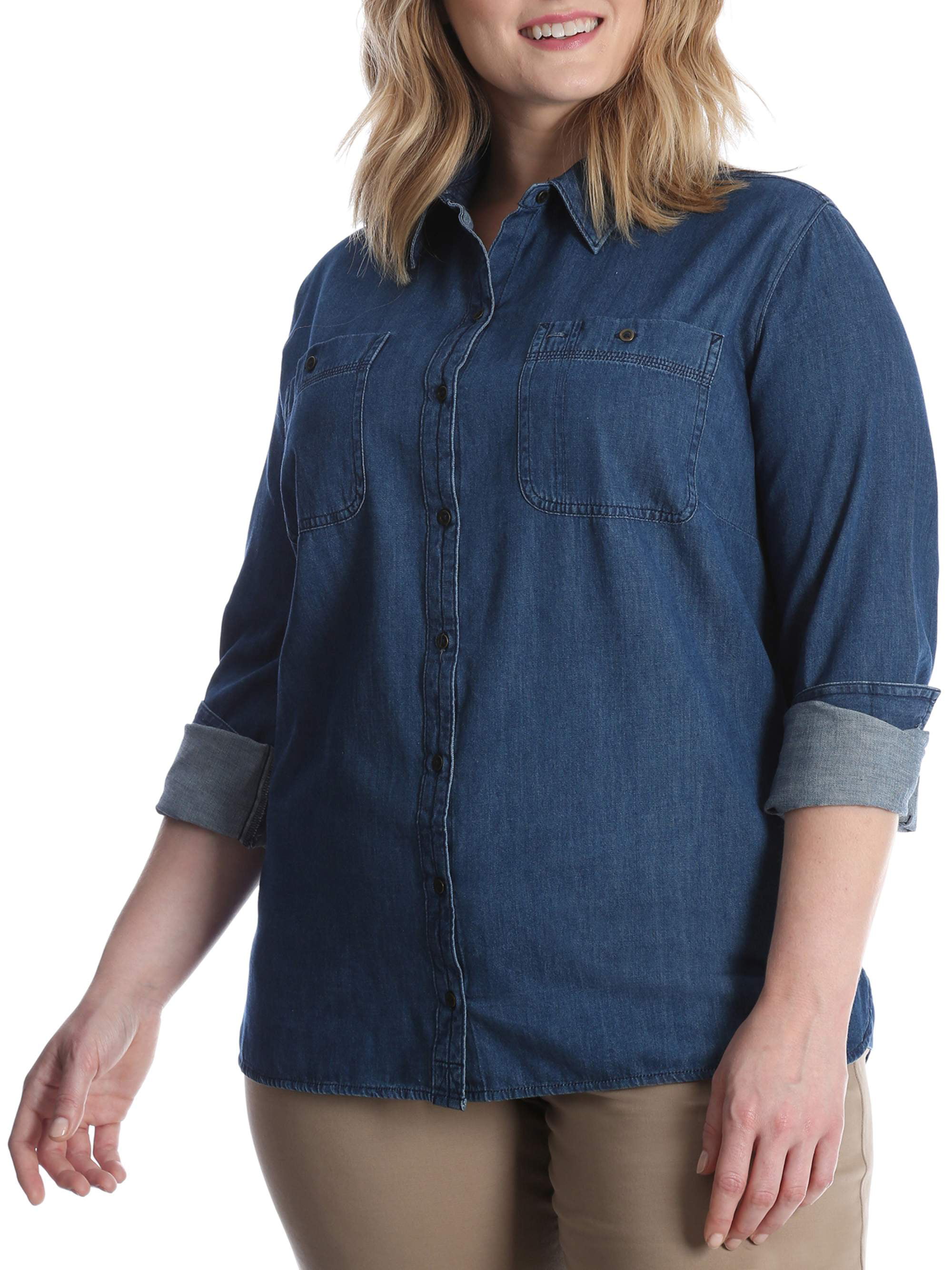 Women's Plus Long Sleeve Denim Shirt - Walmart.com