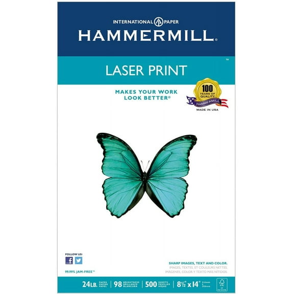 Hammermill 104612 Laser Print Office Paper, 98 Brightness, 24lb, 8-1/2 x 14, White, 500 Sheets/RM
