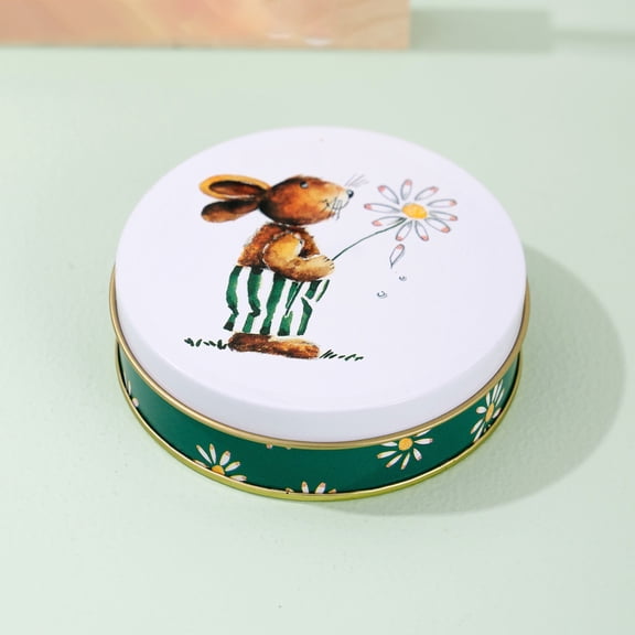 Easter Tinplate Candy Box Spring Bunny Flower Printing Snack Tin Box Sturdy Round Cookie Jar Green White Gift Chocolate Storage Organizer Party Favors for Kids Easter Treats(A)