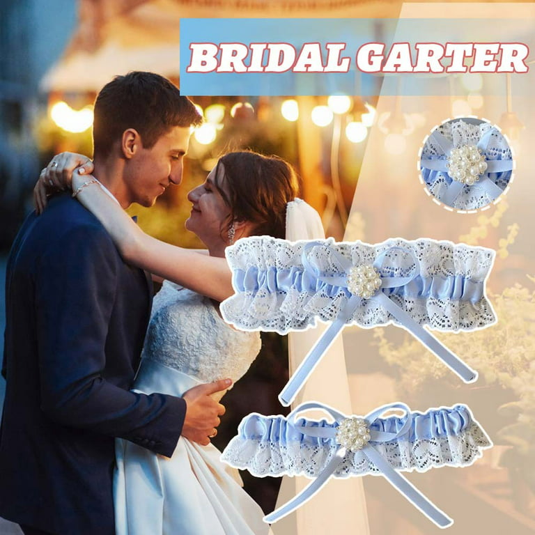 Lace Blue Pearl Bridal Garter with Light Blue Diamonds Wedding
