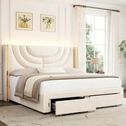 Homfa Full Size LED Bed Frame with 2 Drawer Storage, Wingback Platform Bed with Velvet Upholstered Headboard, Off-White