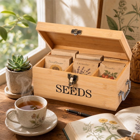 Large Bamboo Seed Storage Organizer Box with Lock & Handle, Wooden Garden Seed Packet Container for Outdoor Balcony