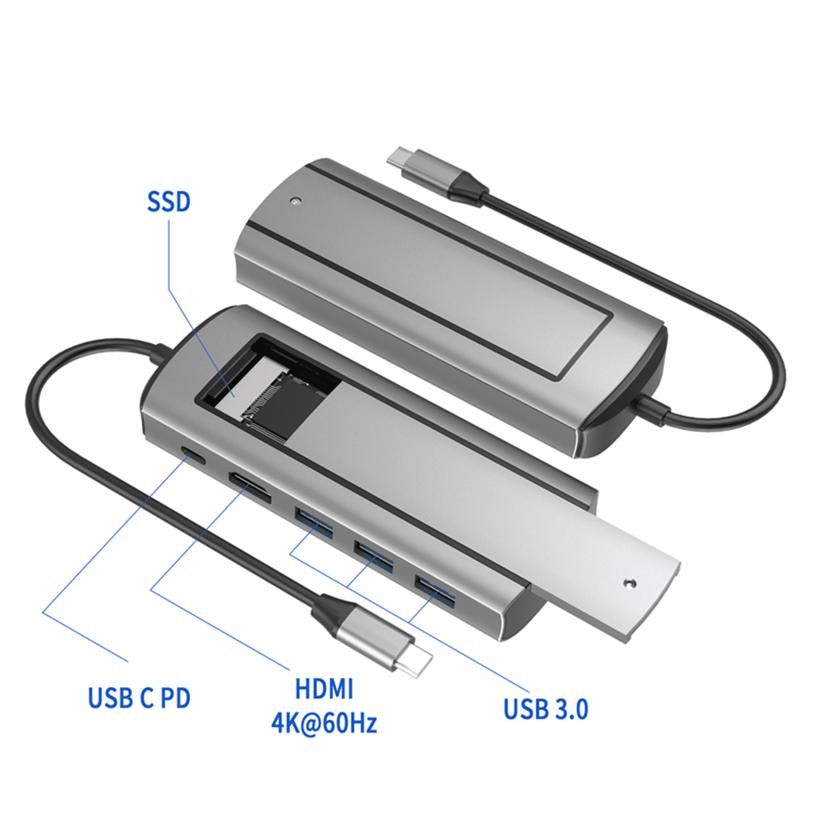 JIAHAOO Type C USB 3.0 Hub 6 in 1 with SSD Enclosure 4K HD USB 3.0 5Gbps M.2 SATA NVMe Tool Free Install