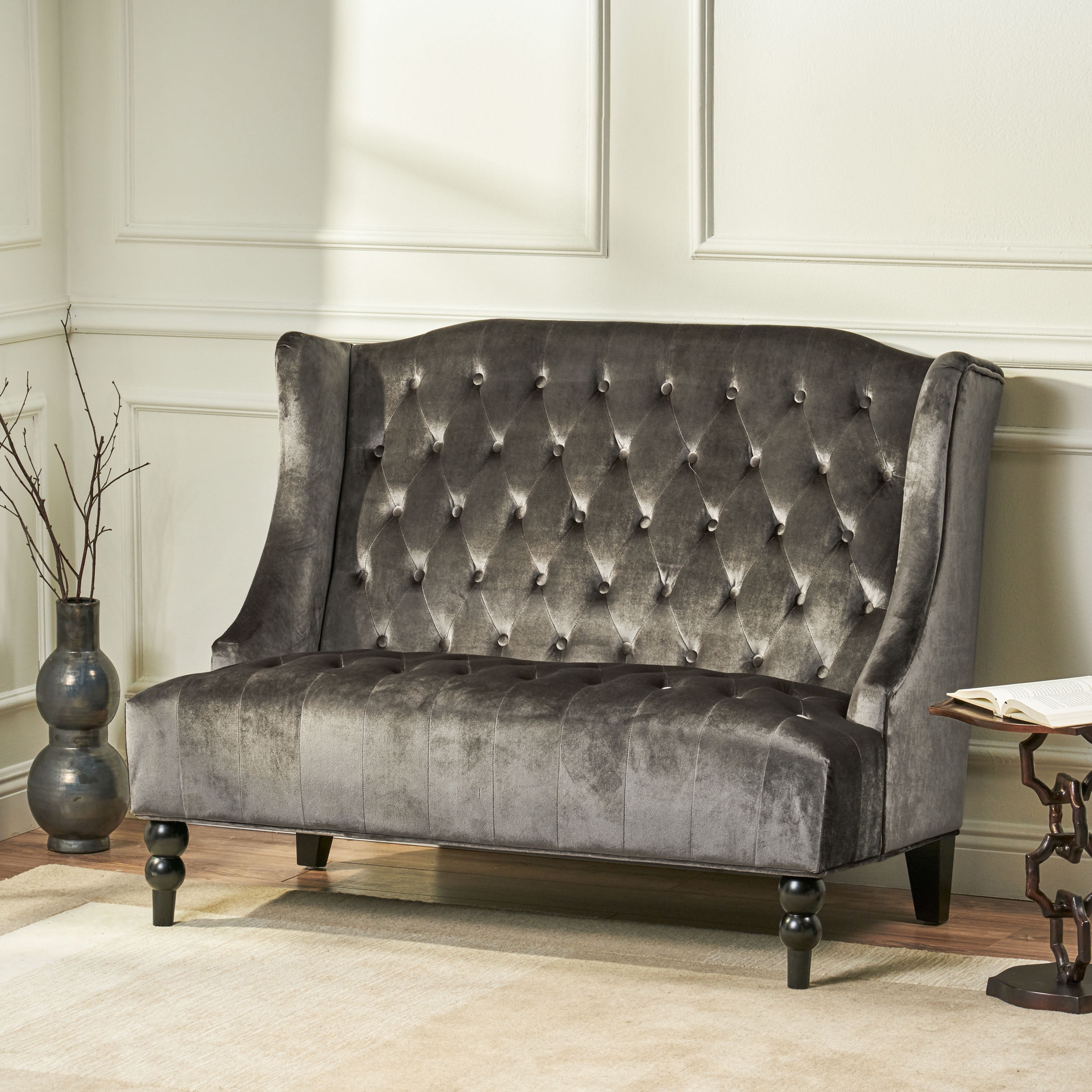 Leona Modern Glam Tufted Velvet Wingback Loveseat Gray And Dark Brown Walmart Com Walmart Com