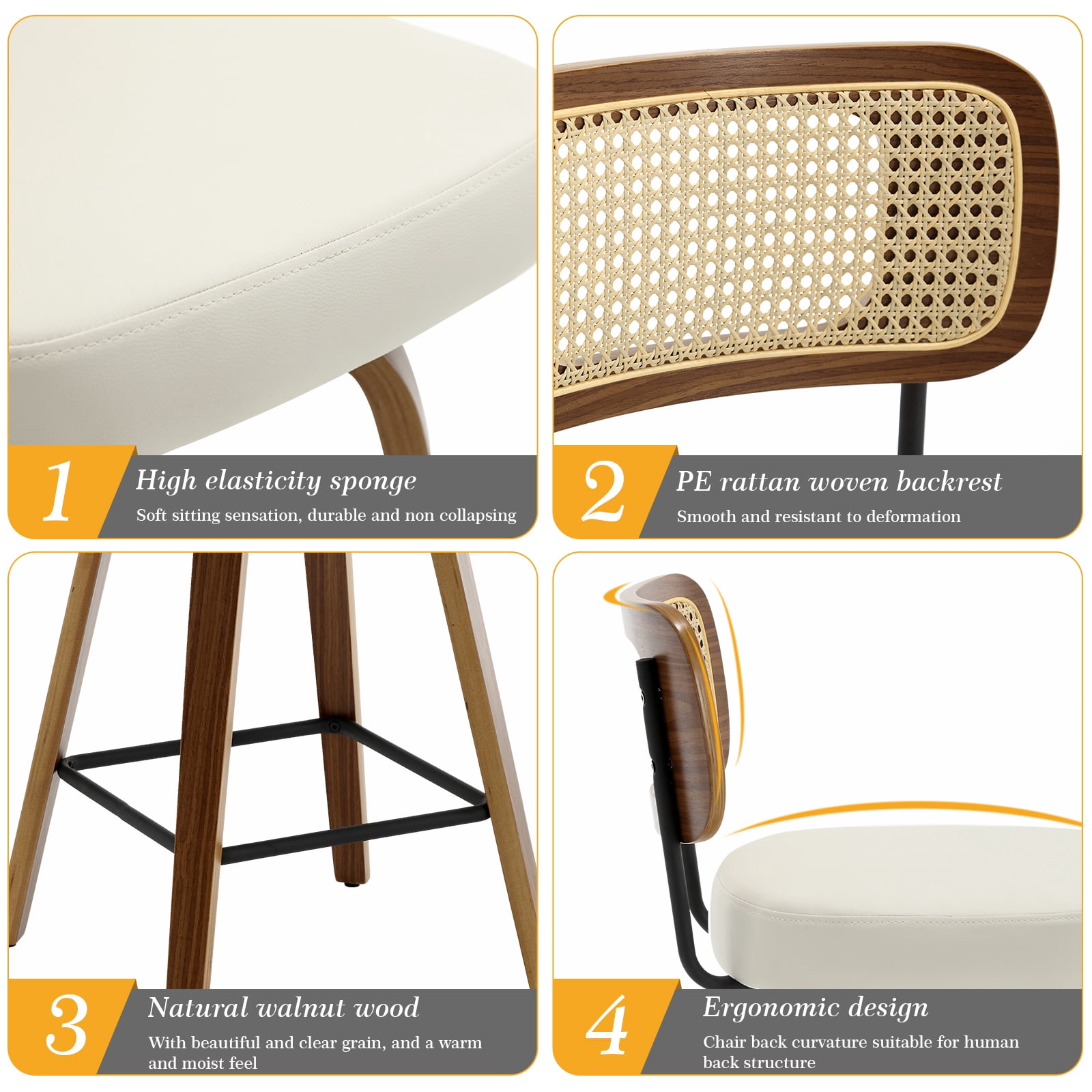 Foreate Swivel PU Bar Stools, Set of 2, 29" Bar Height Upholstered Leather with Rattan Back Wood Legs, Modern Chair Island Counter Stool for Kitchen, Cream White