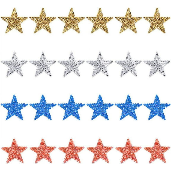 24PCS Star Iron On Rhinestone Appliques (Gold Silver Red Blue 1.4x1.4 inch) Bling Glass Rhinestone Patches Star Glitter Repair Patch for Costume Jackets Backpack Repairing Decor DIY