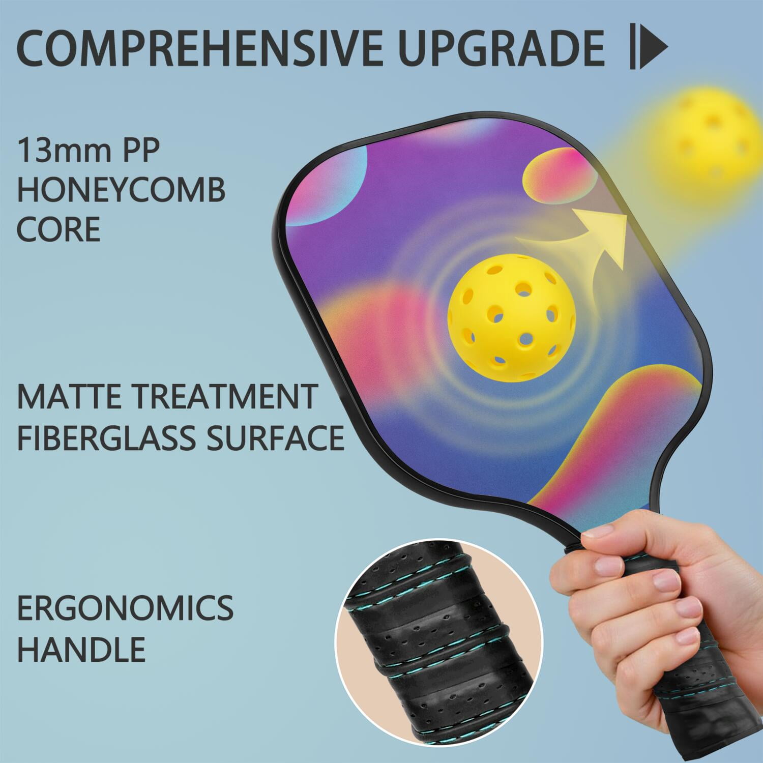 Pickleball Paddles Set Of 2, Fiberglass Surface, Neon Fluid Print, 4 Balls & Bag