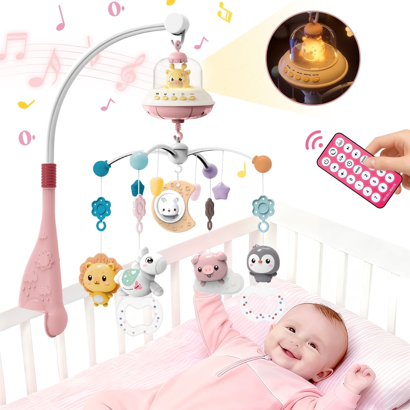 Sunforu Remote Control Crib Mobile with Music & Rotating Star Light Projector, Detachable Hanging Animal Toys for Newborn Baby Girls & Boys Nursery Decor