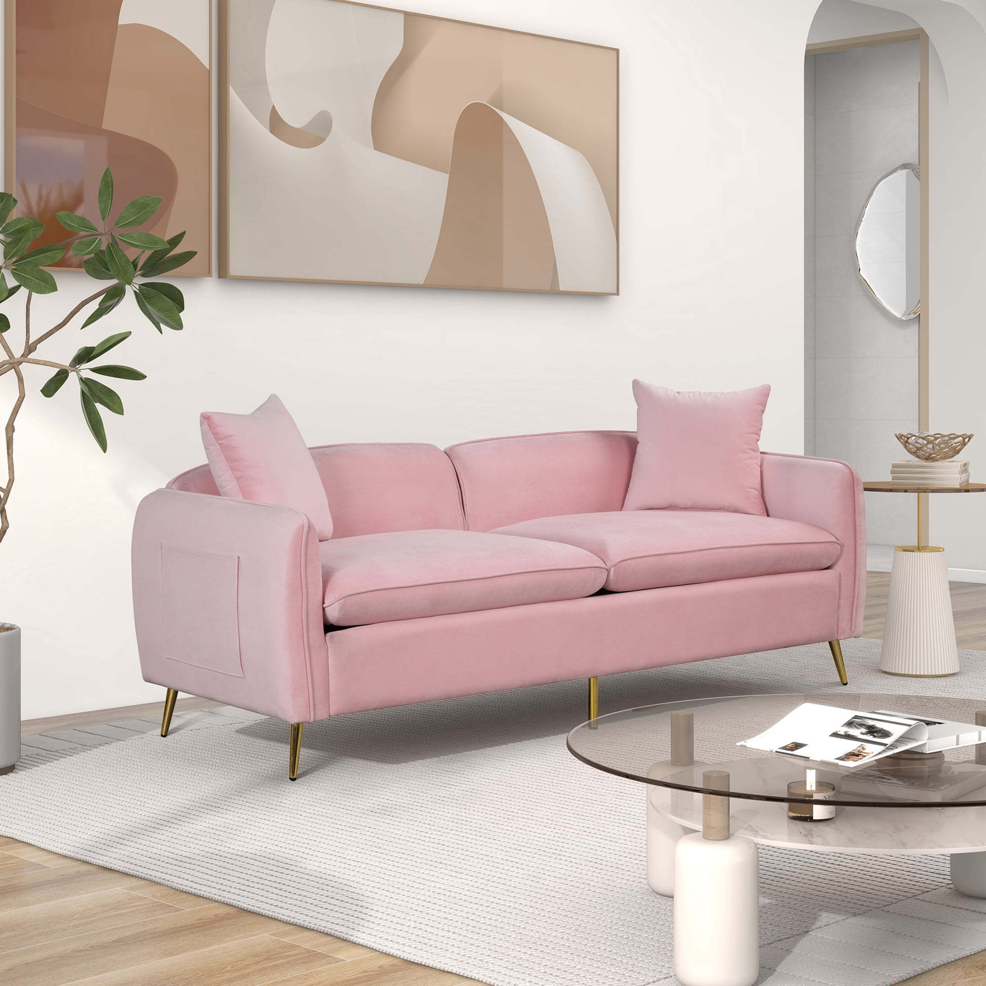 Aukfa 77.5" Modern Velvet Sofa for Living Room Furniture Set Apartment - 2 Pillows - Pink