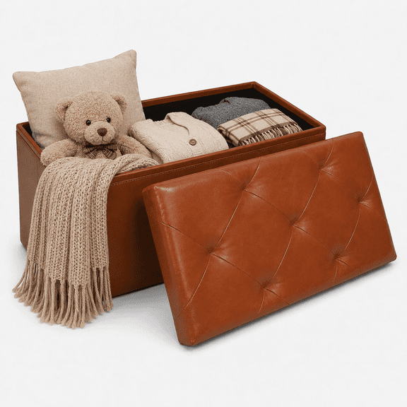 Nnovaroom 30 Inches Ottoman with Storage,Folding Storage Ottoman Bench,Load 400lb, for Living Room & Under Bed Storage, Faux Leather,Brown