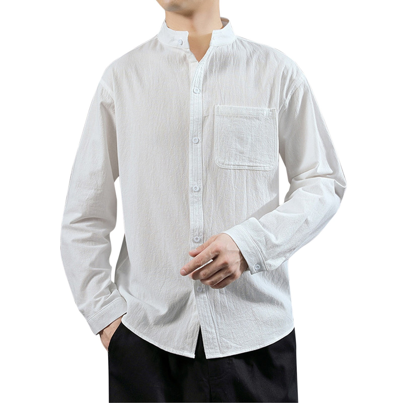 CLZOUD Men's Work Shirts White Cotton Men's Casual Solid Long Sleeve ...