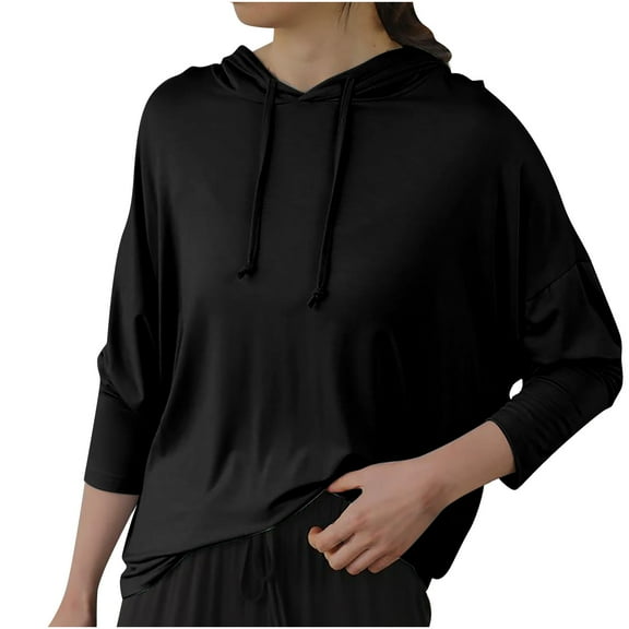 XFLWAM Women Casual Long Sleeve Loose T-Shirt Drawstring Hooded Pajamas Pullover Tops Solid Color Home Clothes Black M
