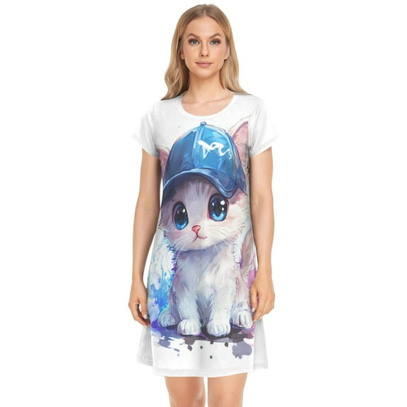 Women's Sleepshirts A Chibi Cat Nightgowns Sleep for Women Soft House Dresses Night Gown for Ladies