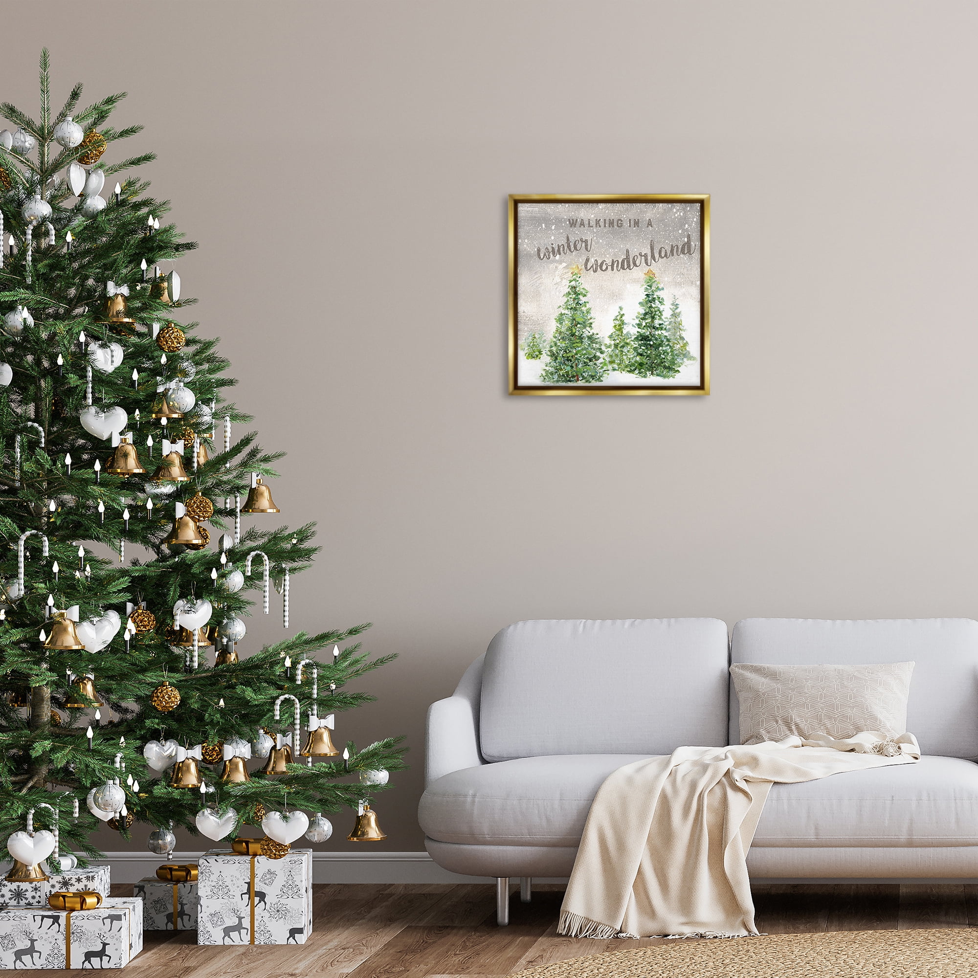 Stupell Industries Winter Wonderland Trees Holiday Painting Gold Floater Framed Canvas Art Prints Wall Art, 25 x 25