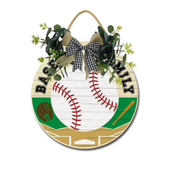 Baseball Family Front Door,Horizontal Round Door Wreaths,Housewarming Gift Farmhouse Wood Door Hanger for Home Decor Indoor and Outdoor, Classroom, Yard, Porch Décor